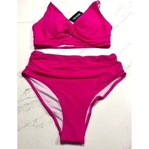 AIMAGE Hot‎ Pink High Waisted Bikini Set Ruched Twist Front Swimsuit Medium NEW
